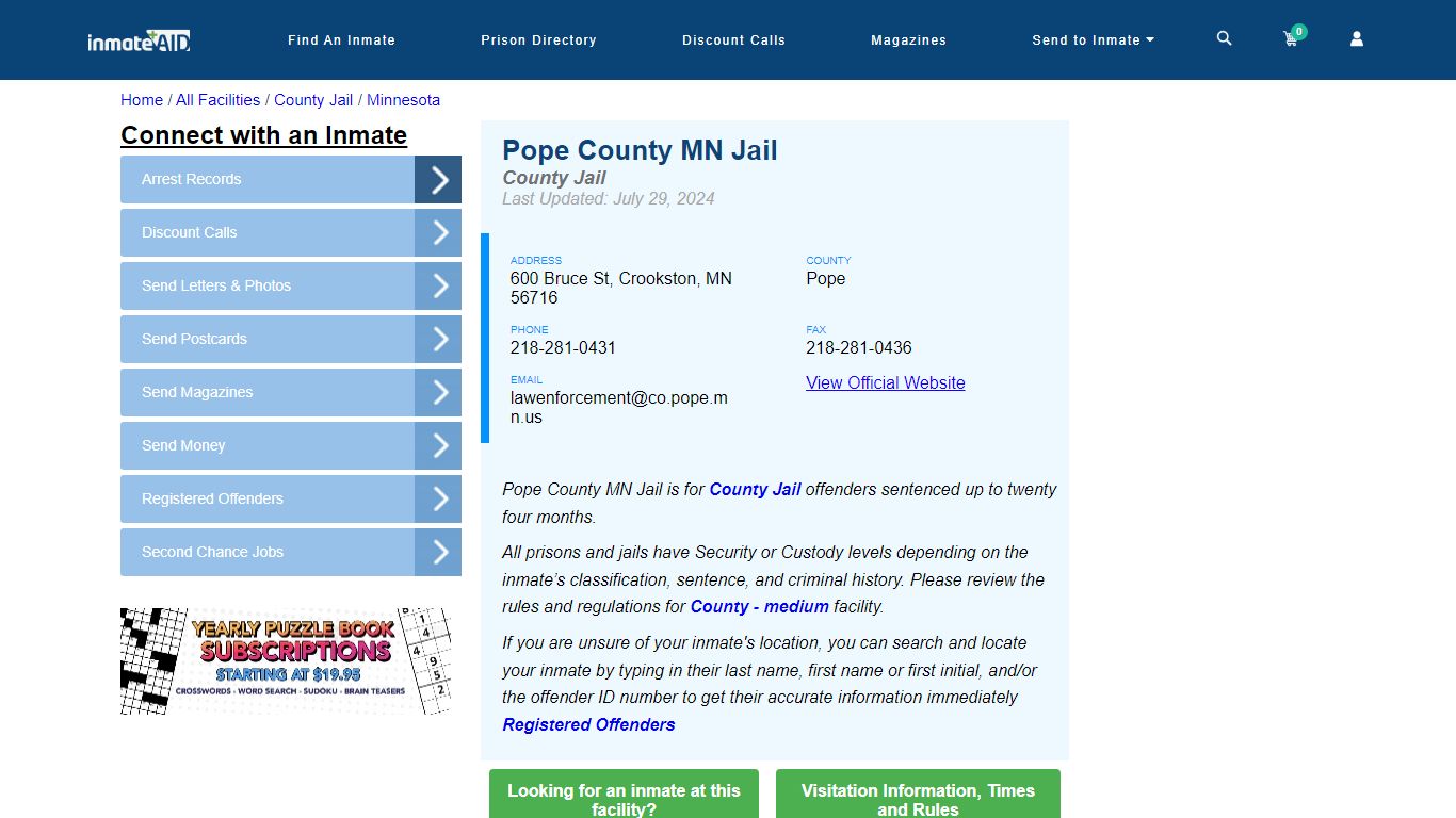 Pope County MN Jail - Inmate Locator